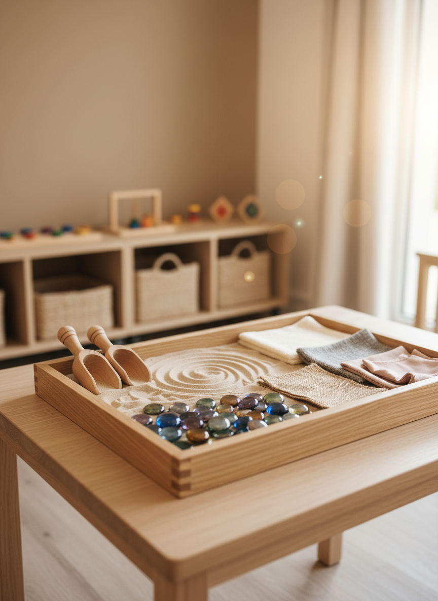 A close-up, photographic realism image of a sensory exploration station in an educational wellness space, with no people present. A shallow wooden tray holds neatly arranged kinetic sand, small wooden scoops, and smooth glass pebbles in muted jewel tones, alongside fabric squares with different textures. The tray rests on a sturdy, light-wood table, with soft, neutral walls and open shelving blurred in the background. Natural afternoon light streams through an unseen window, creating a gentle glow and subtle bokeh, emphasizing the tactile materials. The mood is calm, inviting, and focused, highlighting experiential, hands-on learning for children in a professional, thoughtfully designed environment.