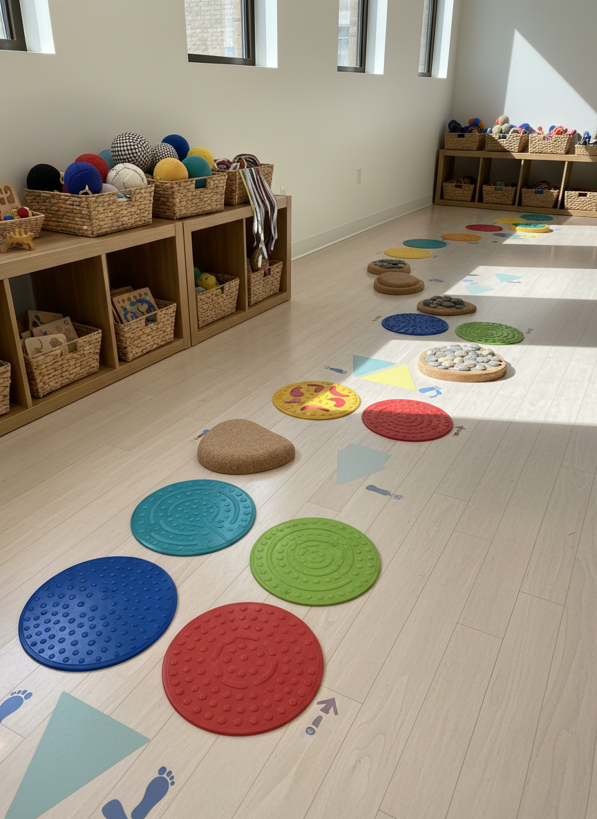 A thoughtfully designed sensory path winding across a light wood floor in an educational enrichment center, captured in photographic realism with no people present. The path is made of colorful textured tiles, raised stepping stones, and printed shapes that encourage balance, coordination, and mindful movement. Alongside, low shelves hold baskets of tactile objects, soft balls, and calming fidget tools. Sunlight from high windows creates dappled highlights and soft shadows across the path, enhancing the textures. The mood is energetic yet orderly, suggesting guided, playful learning. Shot from a low angle, following the path into the distance, with a crisp, modern aesthetic that reflects a professional wellness and learning coaching environment.