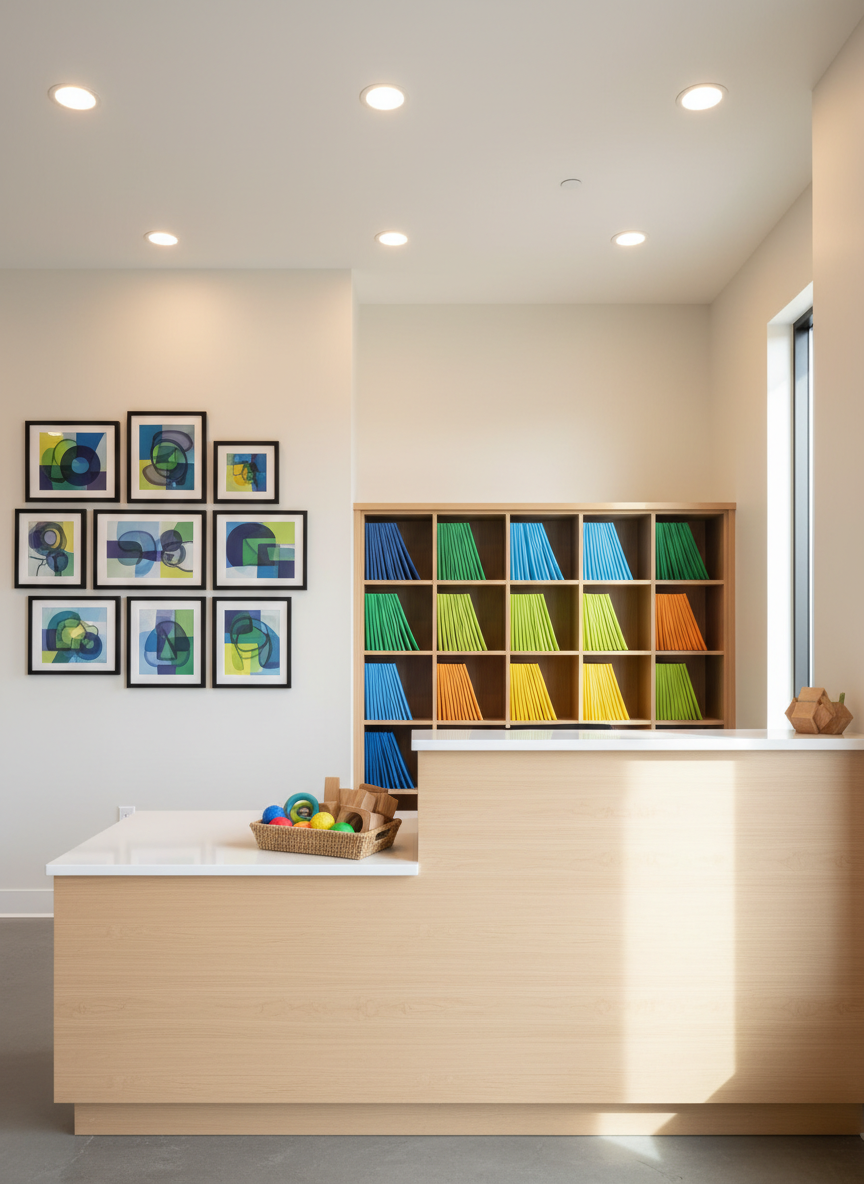 A modern intake and resource area for a children’s enrichment and wellness center, devoid of people, with a sleek wooden reception desk, organized cubbies containing labeled folders represented by color blocks instead of text, and a wall display of framed abstract artwork inspired by brain development and play. A small sensory basket on the counter holds stress balls, textured rings, and smooth wooden shapes. Overhead recessed lighting provides even, warm illumination, while a nearby window adds soft natural highlights. The mood is professional, reassuring, and approachable. Photographic, wide-angle shot with sharp focus, reflecting a credible education-sector environment dedicated to strong learning foundations for families.