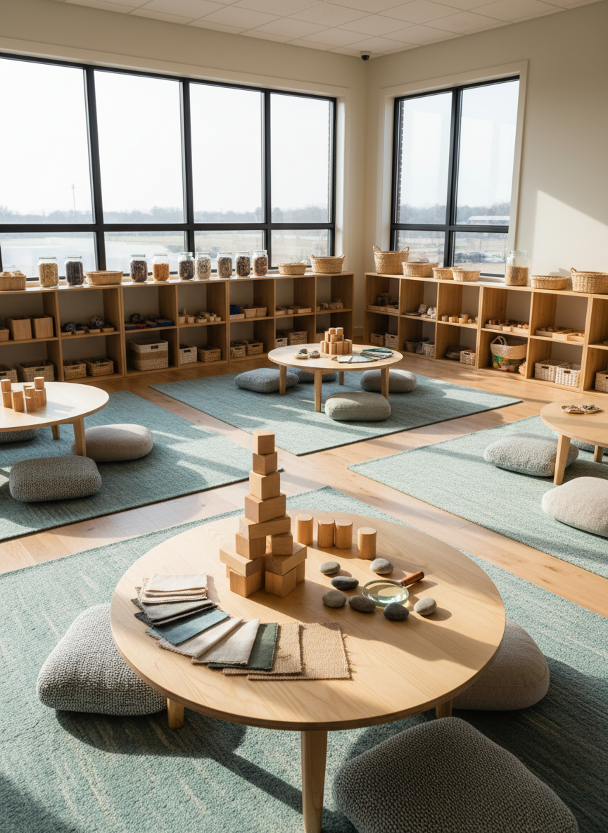 A sensory-rich learning studio designed for children and parents, shown without any people, featuring low wooden tables, open shelves of textured educational materials, and soft rugs in calming blues and greens. On one table, a detailed arrangement of wooden blocks, fabric swatches, and smooth stones invites hands-on exploration. Large windows line one wall, filling the room with soft morning sunlight that creates gentle shadows and subtle highlights on natural surfaces. The atmosphere feels warm, professional, and welcoming. Photographic realism, shot at eye level with a wide lens, capturing the full room in sharp focus, with a clean, modern education setting that conveys experiential learning and family-centered enrichment.