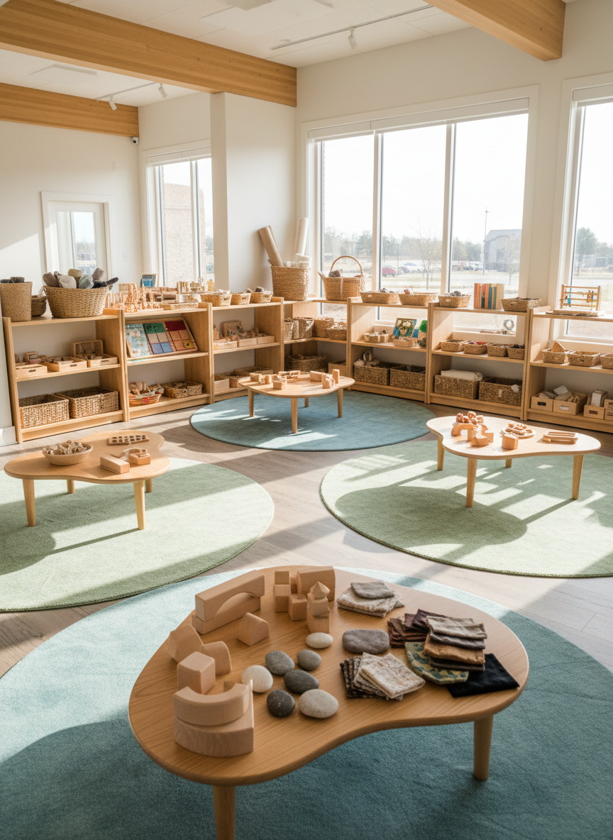 A sensory-rich learning studio designed for children and parents, shown without any people, featuring low wooden tables, open shelves of textured educational materials, and soft rugs in calming blues and greens. On one table, a detailed arrangement of wooden blocks, fabric swatches, and smooth stones invites hands-on exploration. Large windows line one wall, filling the room with soft morning sunlight that creates gentle shadows and subtle highlights on natural surfaces. The atmosphere feels warm, professional, and welcoming. Photographic realism, shot at eye level with a wide lens, capturing the full room in sharp focus, with a clean, modern education setting that conveys experiential learning and family-centered enrichment.