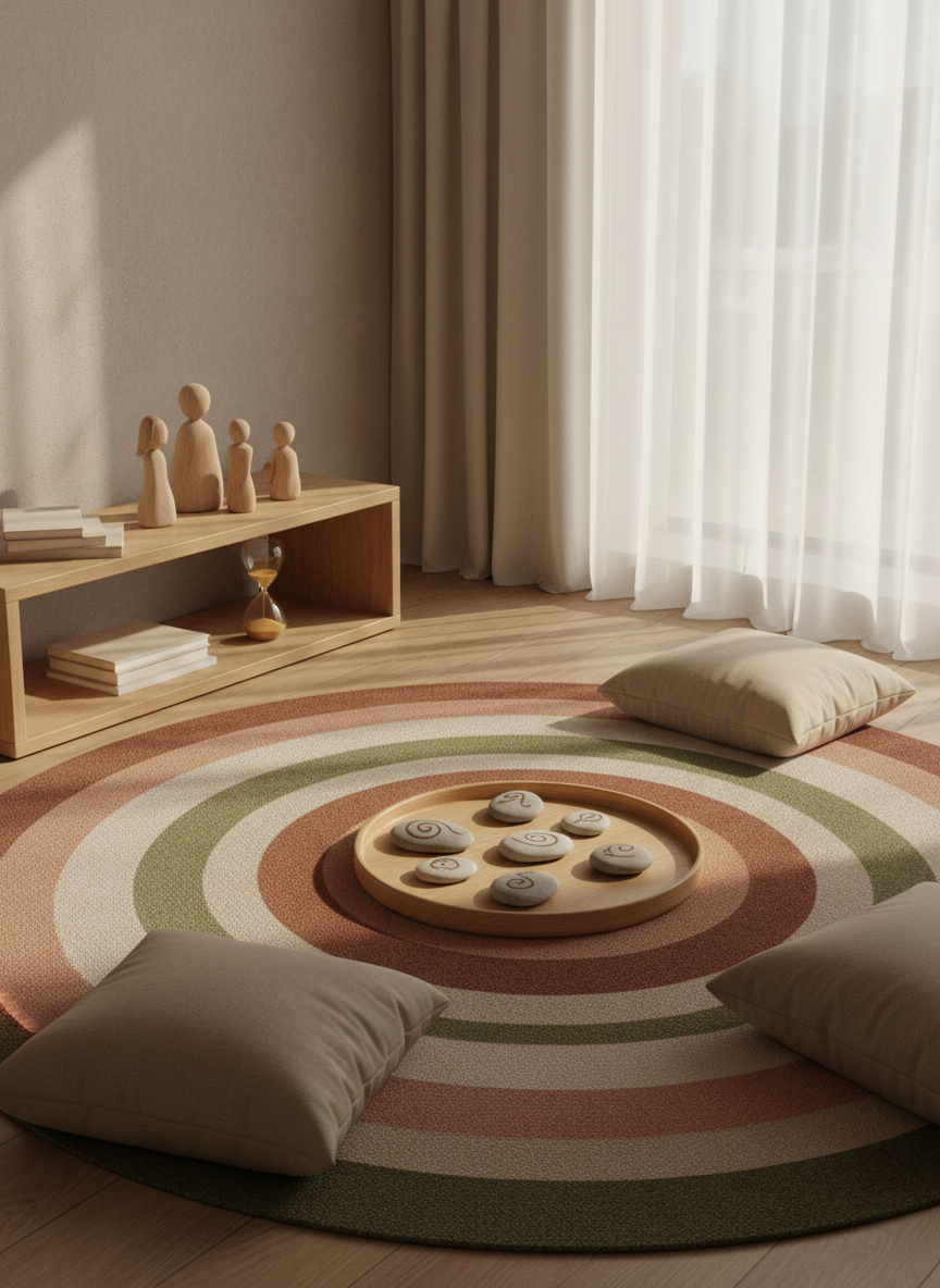 A serene family reflection area within a learning coaching center, shown with no people, featuring a large circular rug in muted earth tones, surrounding floor cushions, and a central wooden tray with affirmation stones etched with abstract symbols instead of readable words. Nearby, a low shelf holds journals with blank covers, wooden figurines representing family members, and a sand timer. Soft, warm light filters through sheer curtains, creating gentle shadows and a peaceful glow. Photographic realism, with an eye-level, slightly off-center composition that feels intimate and restorative, emphasizing emotional wellness, connection, and mindful pauses in a family-focused educational space.