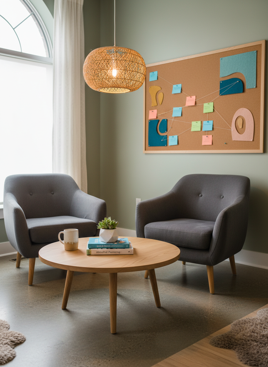 A dedicated parent-coaching corner in a learning and wellness center, depicted without people, featuring two upholstered armchairs in soft gray facing a low wooden table stacked with thoughtfully arranged parenting and child development books, a ceramic mug, and a small potted plant. Behind the chairs, a bulletin board displays abstract shapes and color-coded cards instead of readable text. Warm, diffused pendant lighting casts a cozy glow, with gentle shadows that suggest an intimate yet professional atmosphere. Photographic, eye-level composition framed with rule of thirds, emphasizing a safe, reflective space for parent support within a family-focused educational setting.