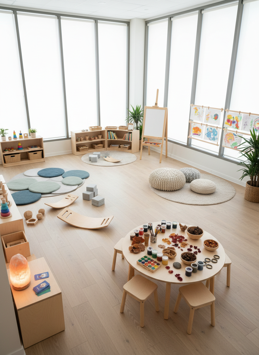 An open-plan experiential learning room photographed in realistic detail, with distinct zones for movement, creativity, and quiet reflection, all shown without people. One corner features soft floor mats, balance boards, and foam shapes; another has a low art table covered with neatly arranged paints, brushes, and natural materials like leaves and pinecones. A quiet nook includes book racks, sensory cushions, and a softly lit salt lamp. Large windows allow diffused daylight to wash over the space, creating a serene, wellness-focused mood. Shot from a slightly elevated angle with sharp focus throughout, conveying a professional, thoughtfully organized environment that supports whole-child development and parent-child connection.